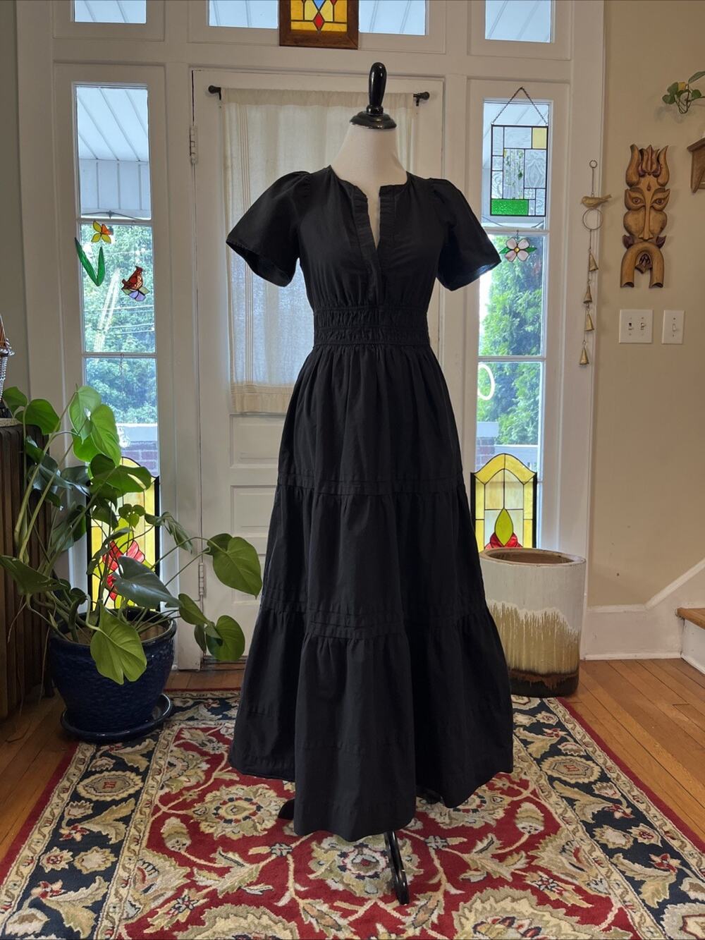 Anthropologie Maxi Dress XS Black/Gray Puff Sleeve Tier Cottage Boho 100%Cotton